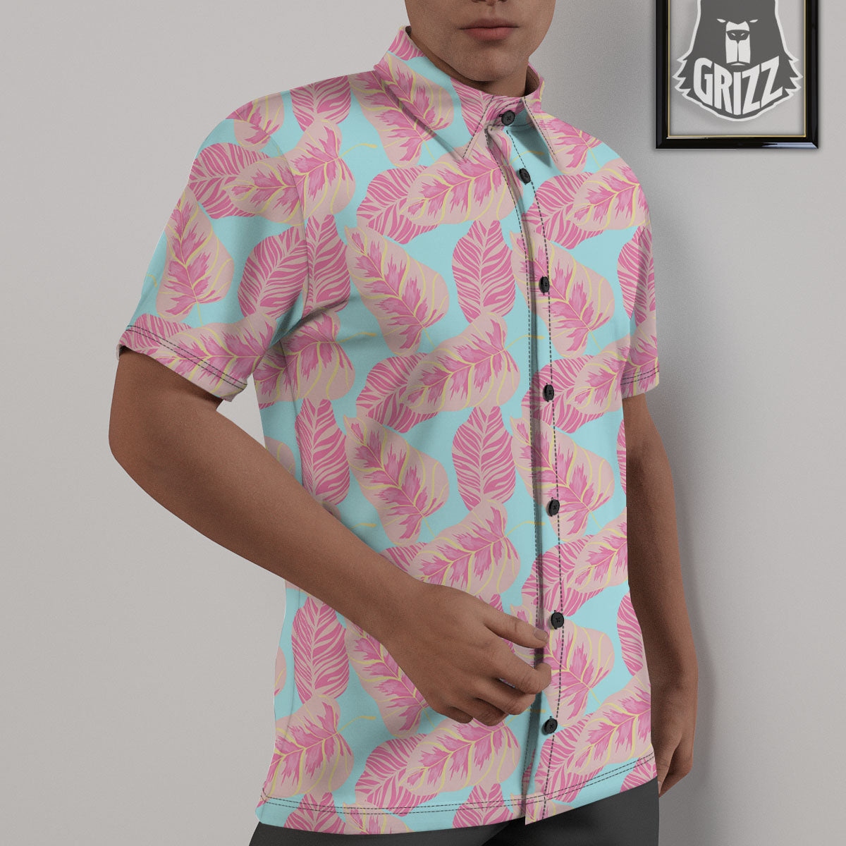 Tropical Leaf Pink And Teal Print Pattern Untucked Shirts-grizzshop