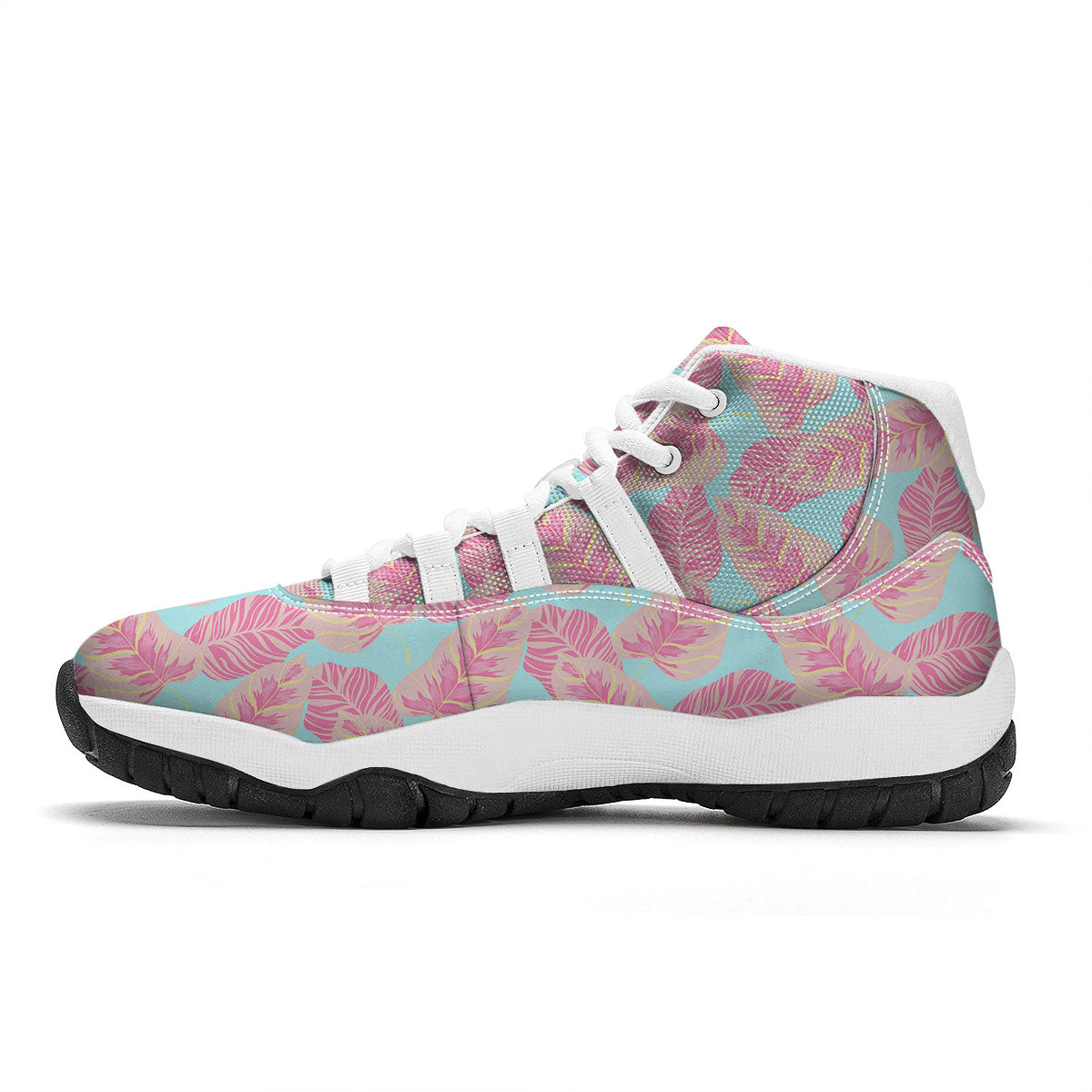 Tropical Leaf Pink And Teal Print Pattern White Bball Shoes-grizzshop