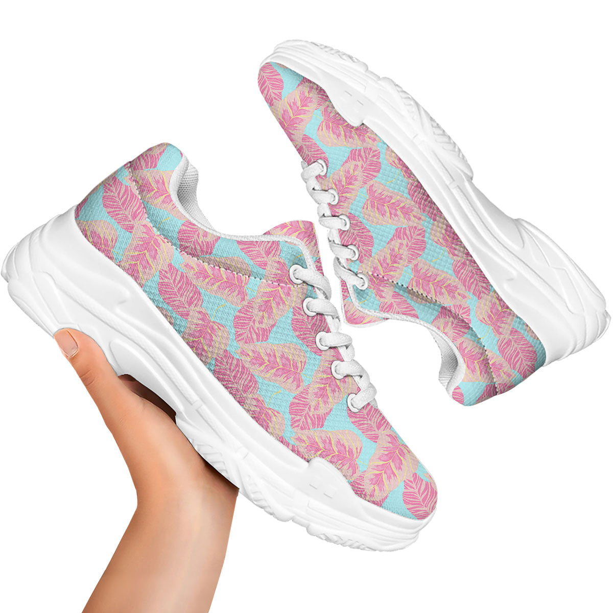 Tropical Leaf Pink And Teal Print Pattern White Chunky Shoes-grizzshop