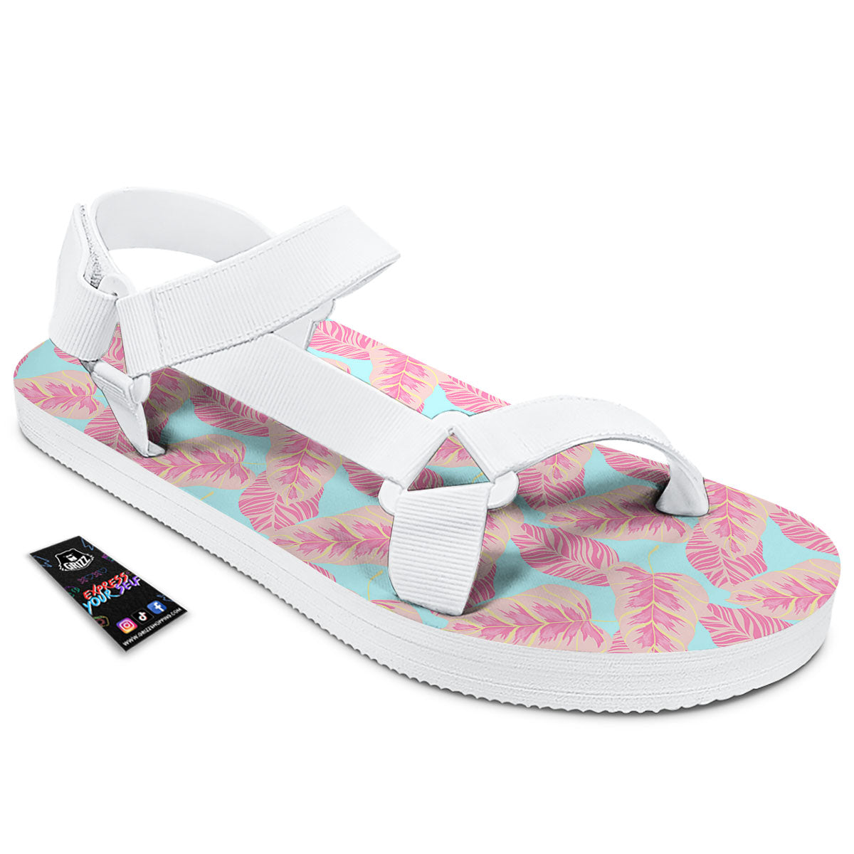 Tropical Leaf Pink And Teal Print Pattern White Open Toe Sandals-grizzshop