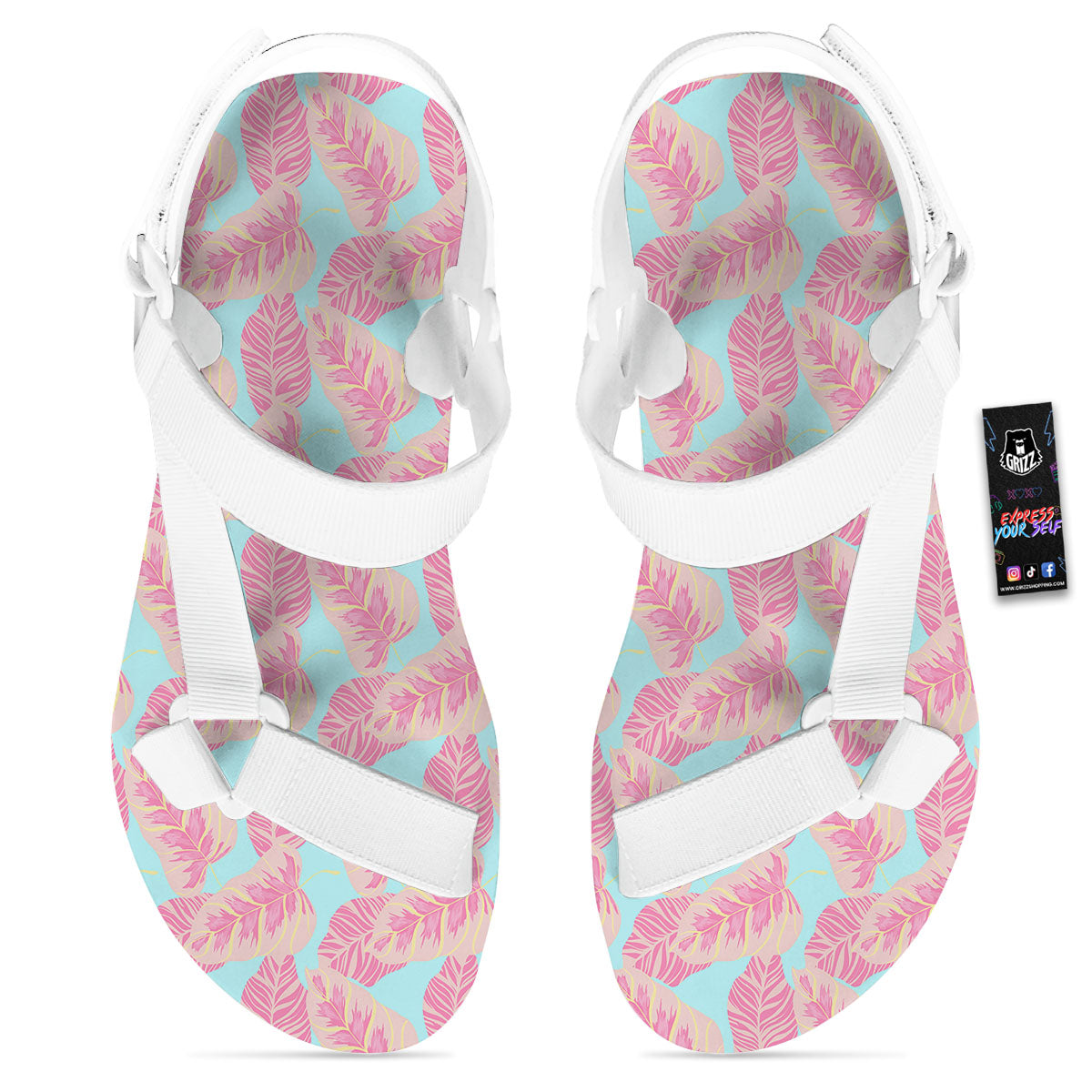 Tropical Leaf Pink And Teal Print Pattern White Open Toe Sandals-grizzshop