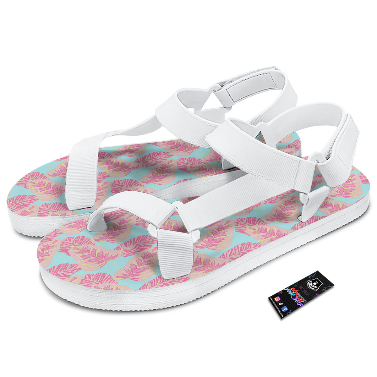 Tropical Leaf Pink And Teal Print Pattern White Open Toe Sandals-grizzshop