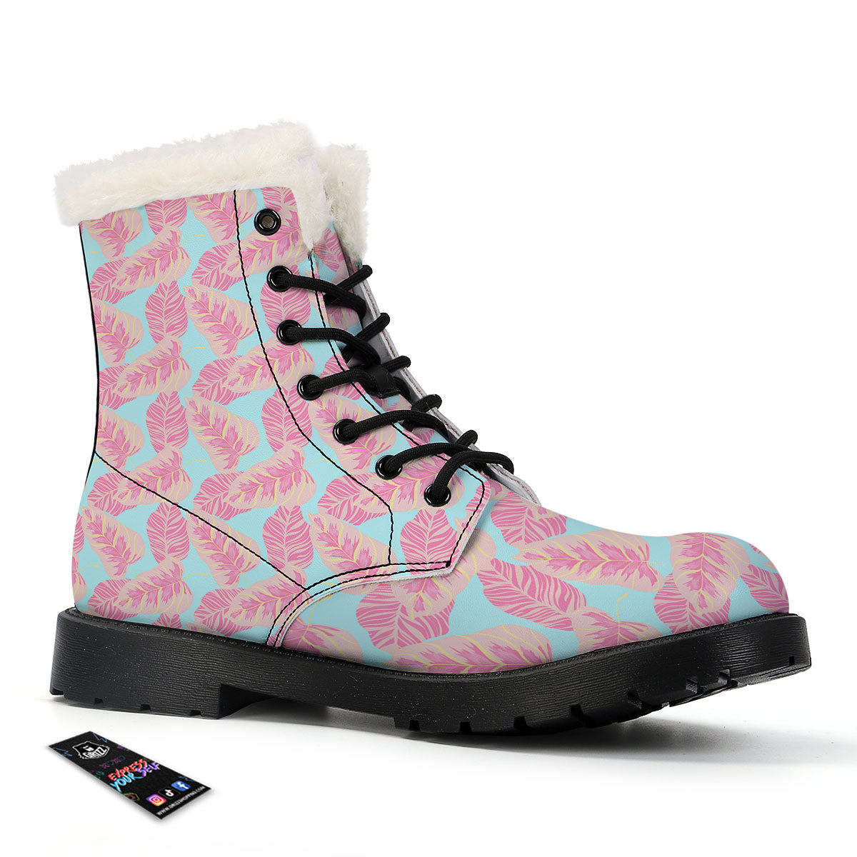Tropical Leaf Pink And Teal Print Pattern Winter Boots-grizzshop