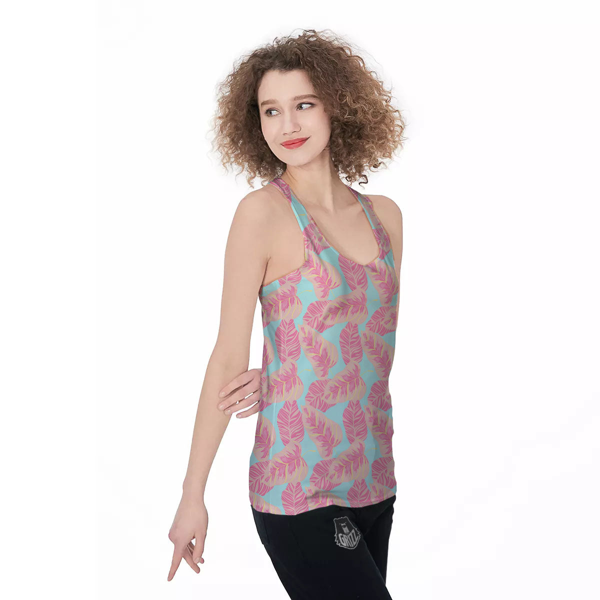 Tropical Leaf Pink And Teal Print Pattern Women's Racerback Tank Top-grizzshop
