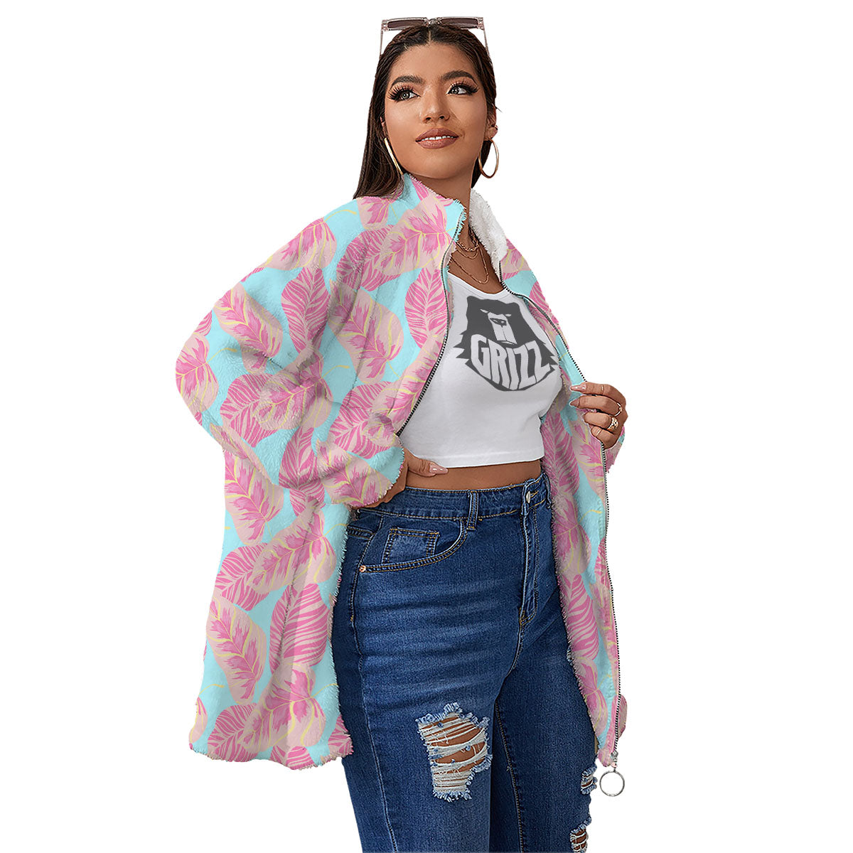 Tropical Leaf Pink And Teal Print Pattern Women's Sherpa Jacket-grizzshop