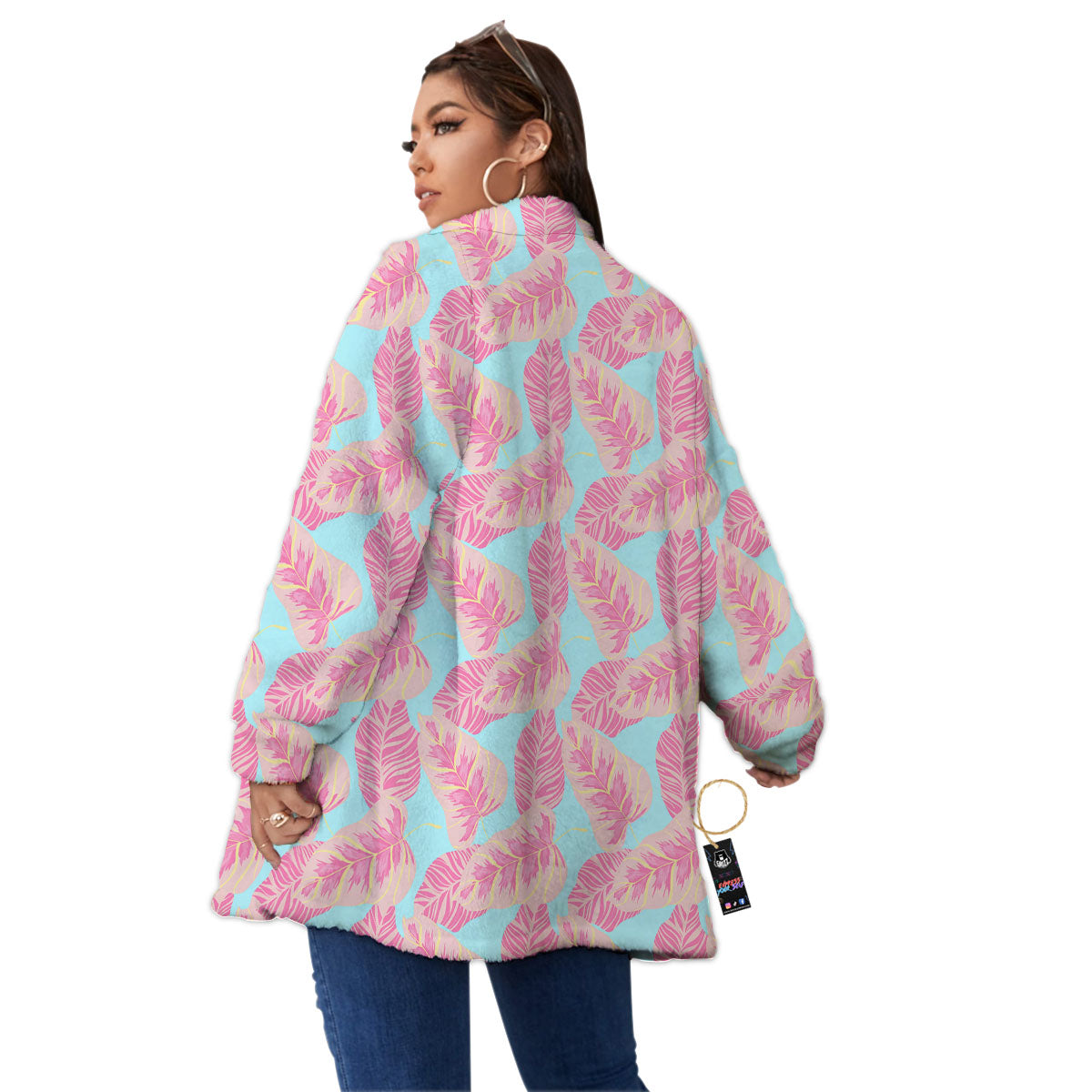 Tropical Leaf Pink And Teal Print Pattern Women's Sherpa Jacket-grizzshop