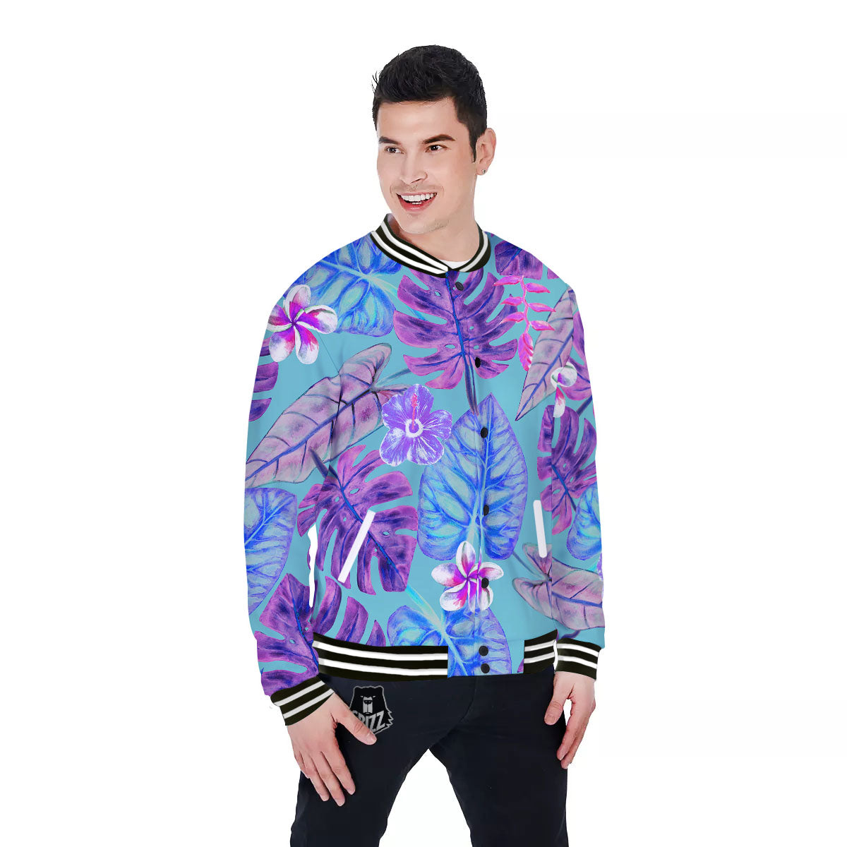 Tropical Leaf Teal And Purple Print Baseball Jacket-grizzshop