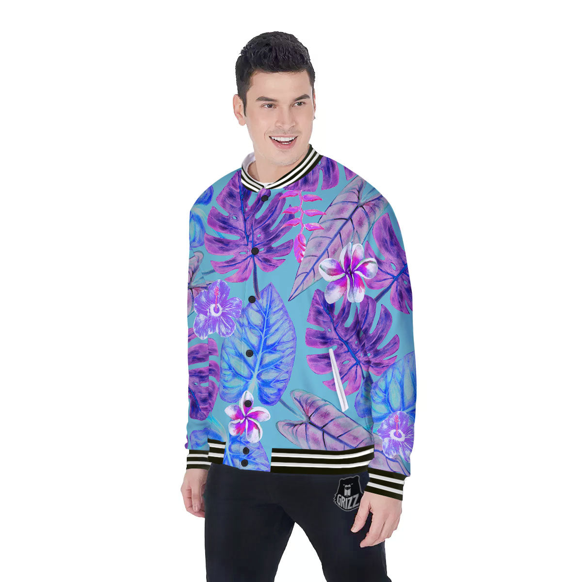 Tropical Leaf Teal And Purple Print Baseball Jacket-grizzshop