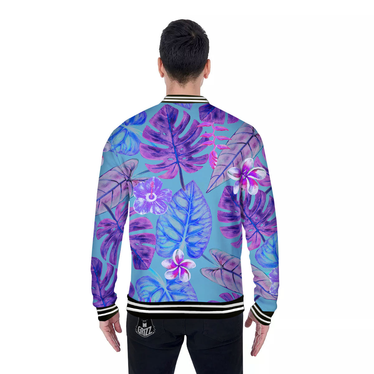 Tropical Leaf Teal And Purple Print Baseball Jacket-grizzshop