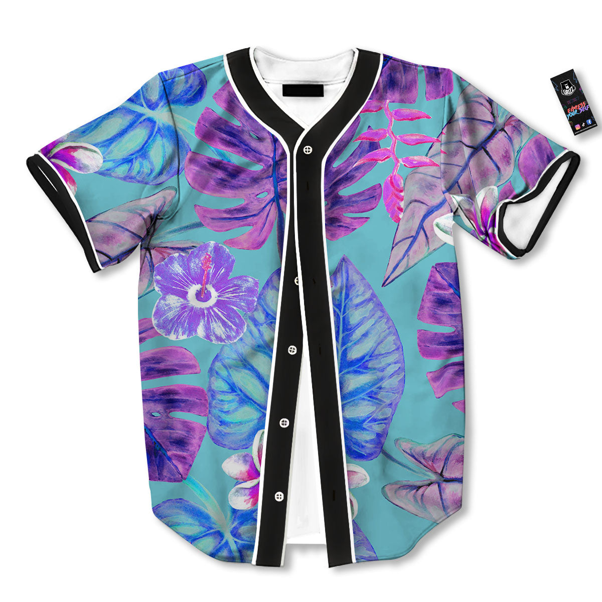 Tropical Leaf Teal And Purple Print Baseball Jersey-grizzshop
