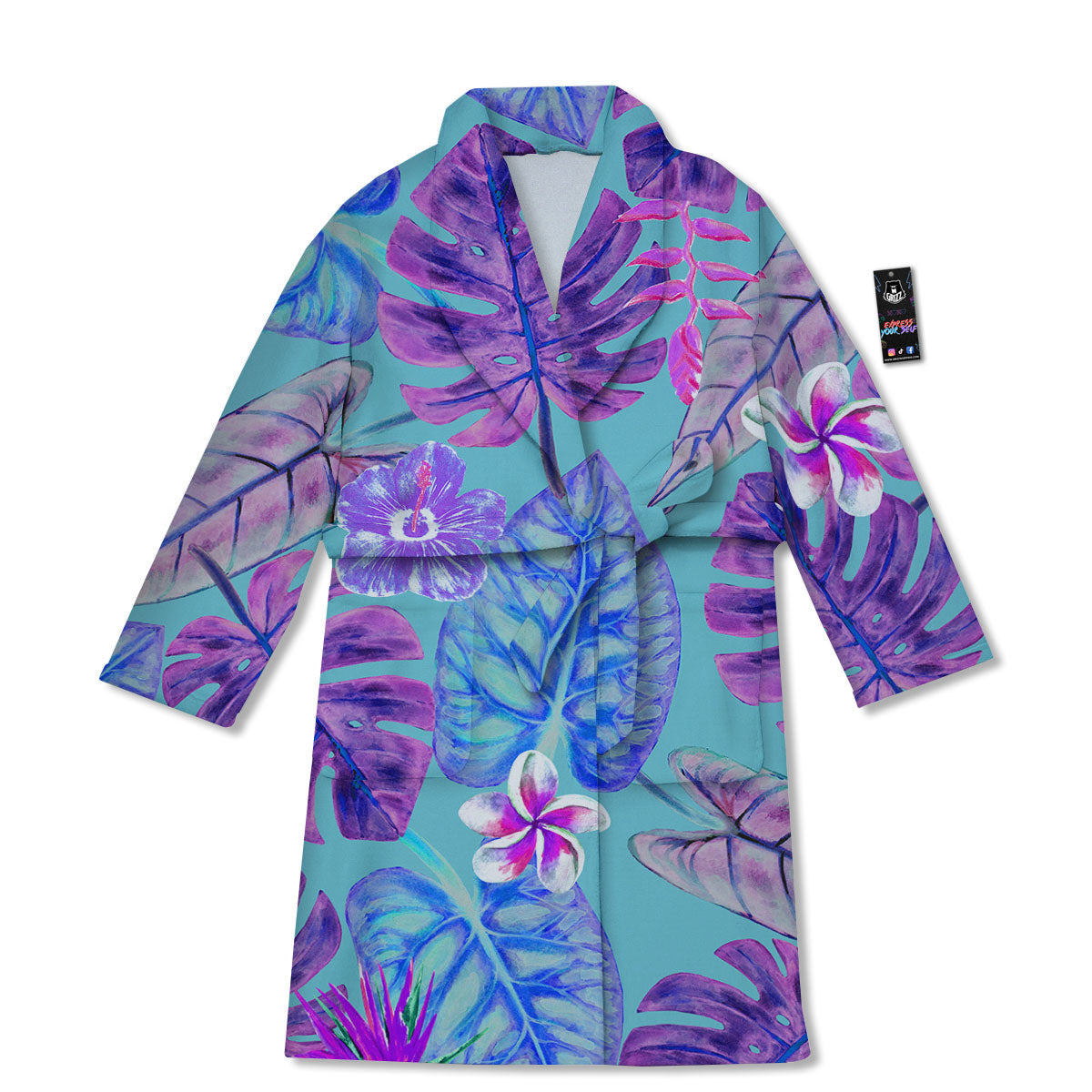Tropical Leaf Teal And Purple Print Bathrobe-grizzshop