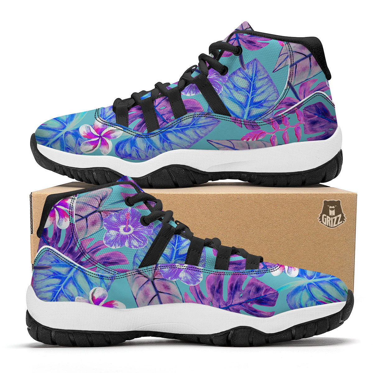 Tropical Leaf Teal And Purple Print Black Bball Shoes-grizzshop
