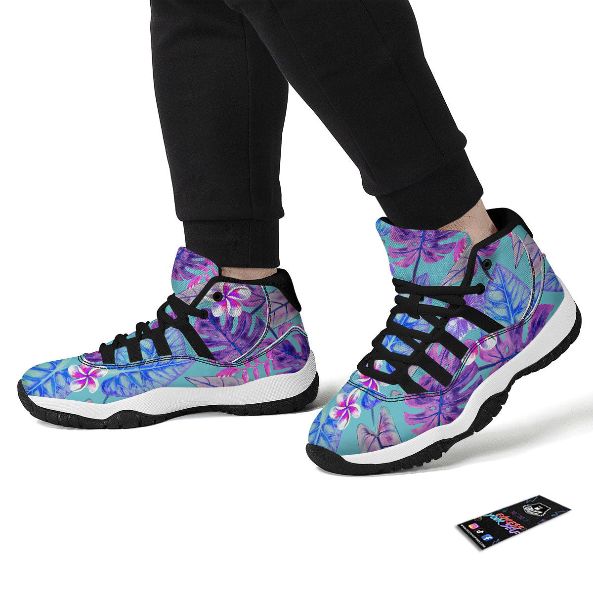 Tropical Leaf Teal And Purple Print Black Bball Shoes-grizzshop