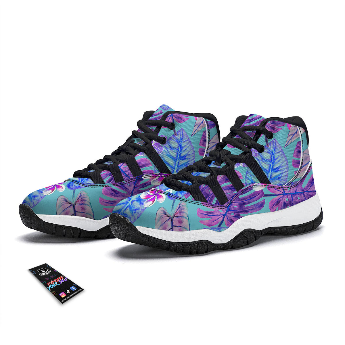 Tropical Leaf Teal And Purple Print Black Bball Shoes-grizzshop