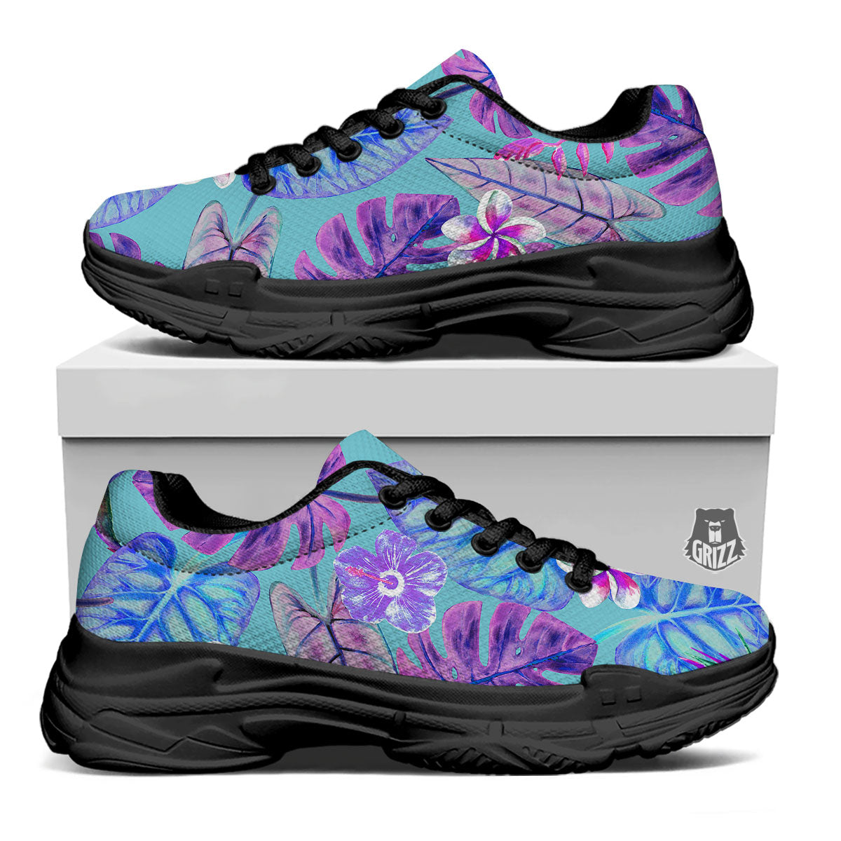Tropical Leaf Teal And Purple Print Black Chunky Shoes-grizzshop