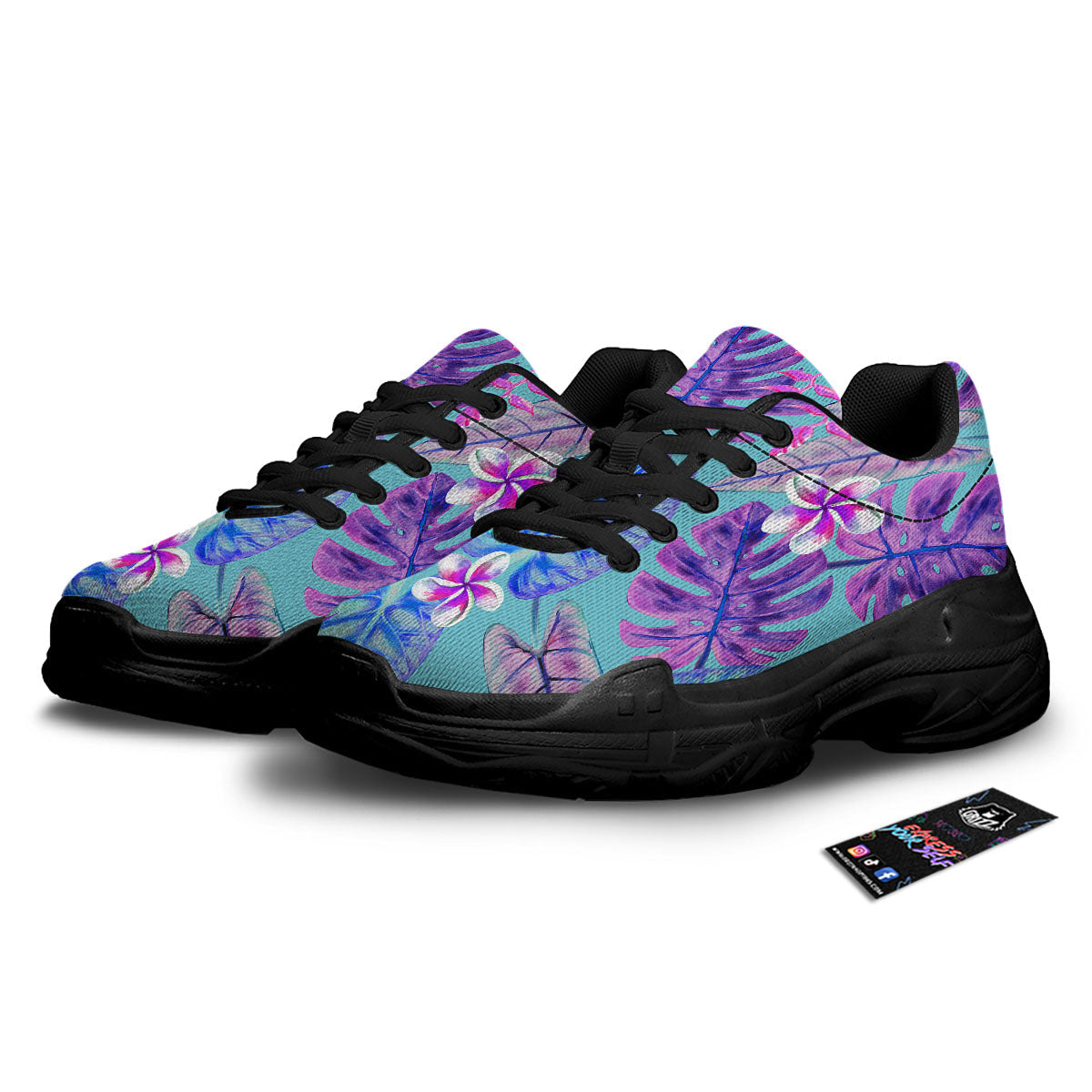 Tropical Leaf Teal And Purple Print Black Chunky Shoes-grizzshop