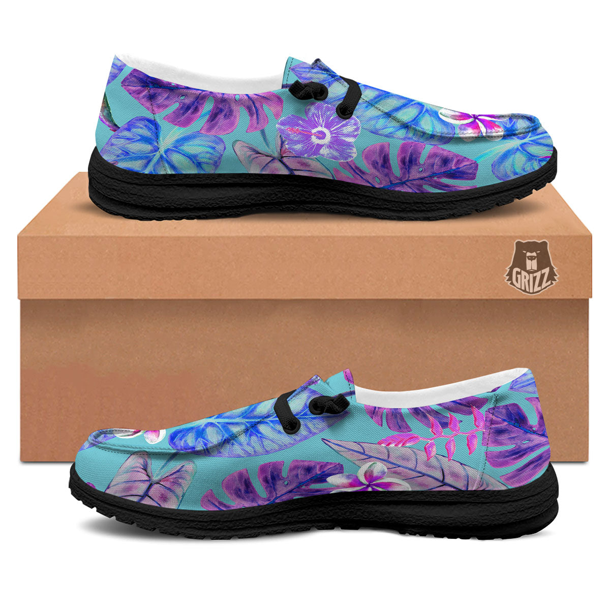 Tropical Leaf Teal And Purple Print Black Loafers-grizzshop