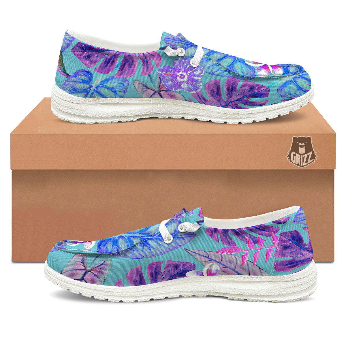 Tropical Leaf Teal And Purple Print Black Loafers-grizzshop