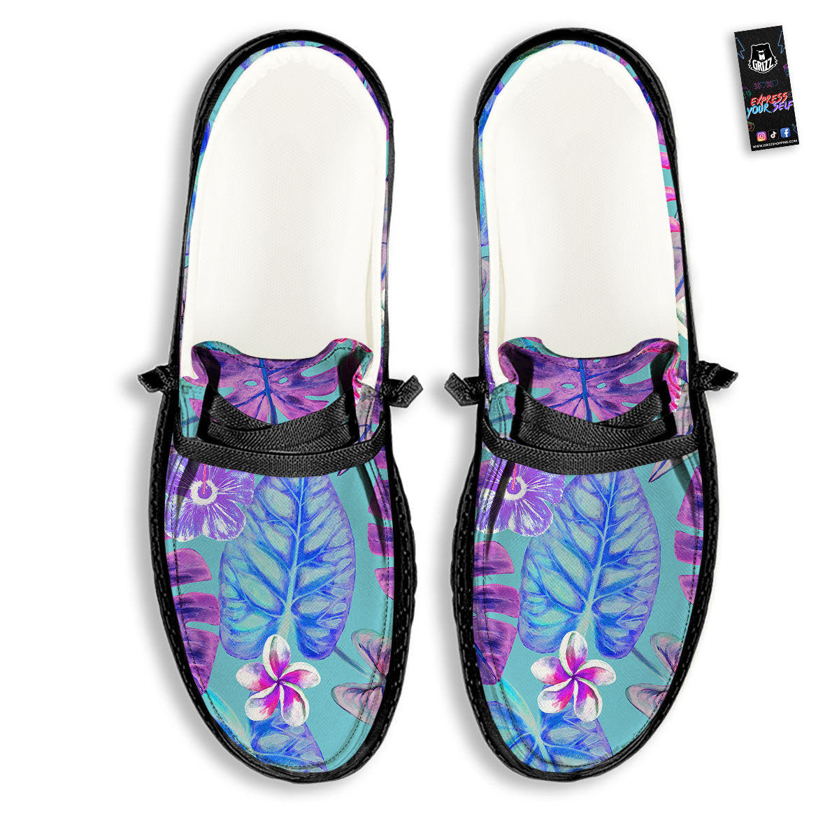 Tropical Leaf Teal And Purple Print Black Loafers-grizzshop