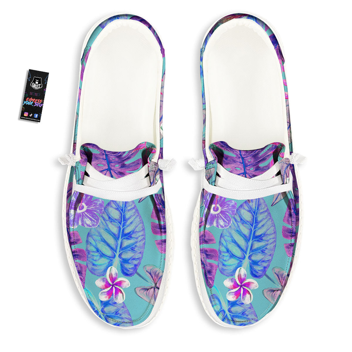 Tropical Leaf Teal And Purple Print Black Loafers-grizzshop