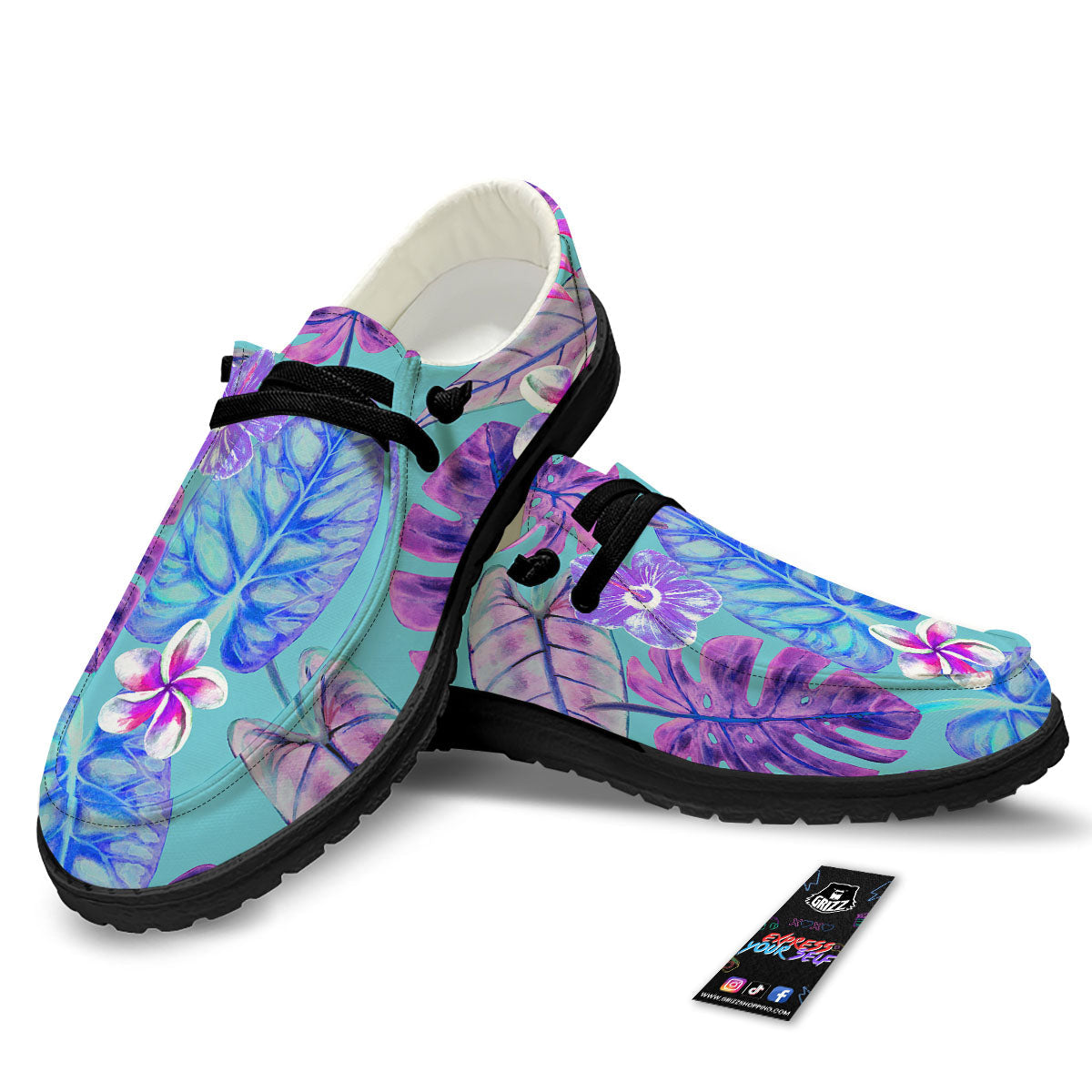 Tropical Leaf Teal And Purple Print Black Loafers-grizzshop