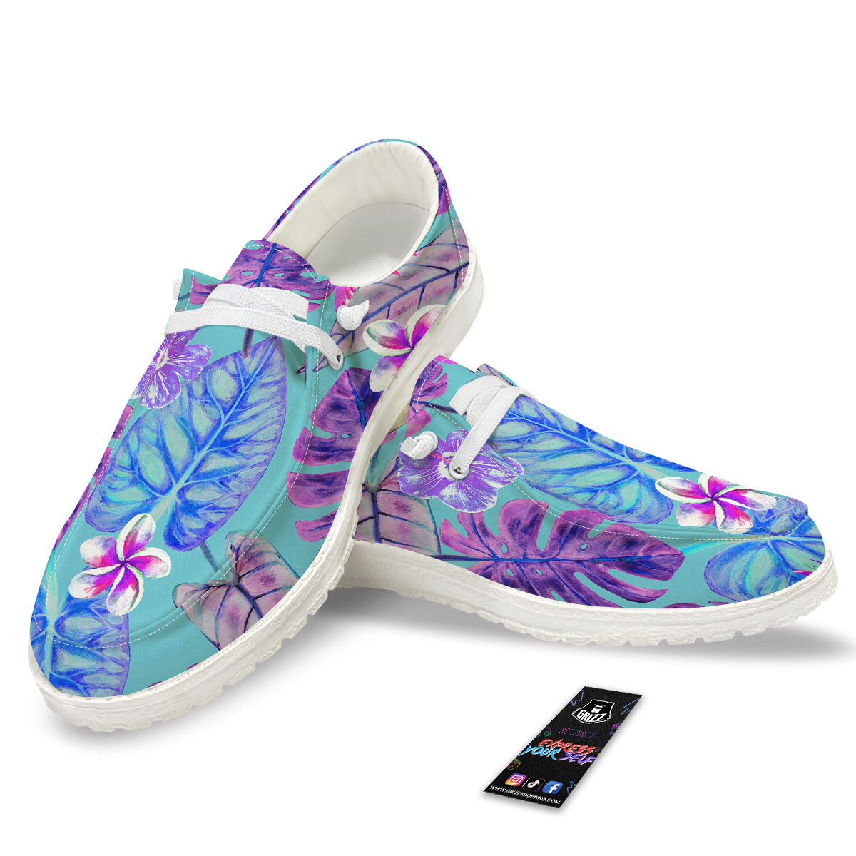 Tropical Leaf Teal And Purple Print Black Loafers-grizzshop