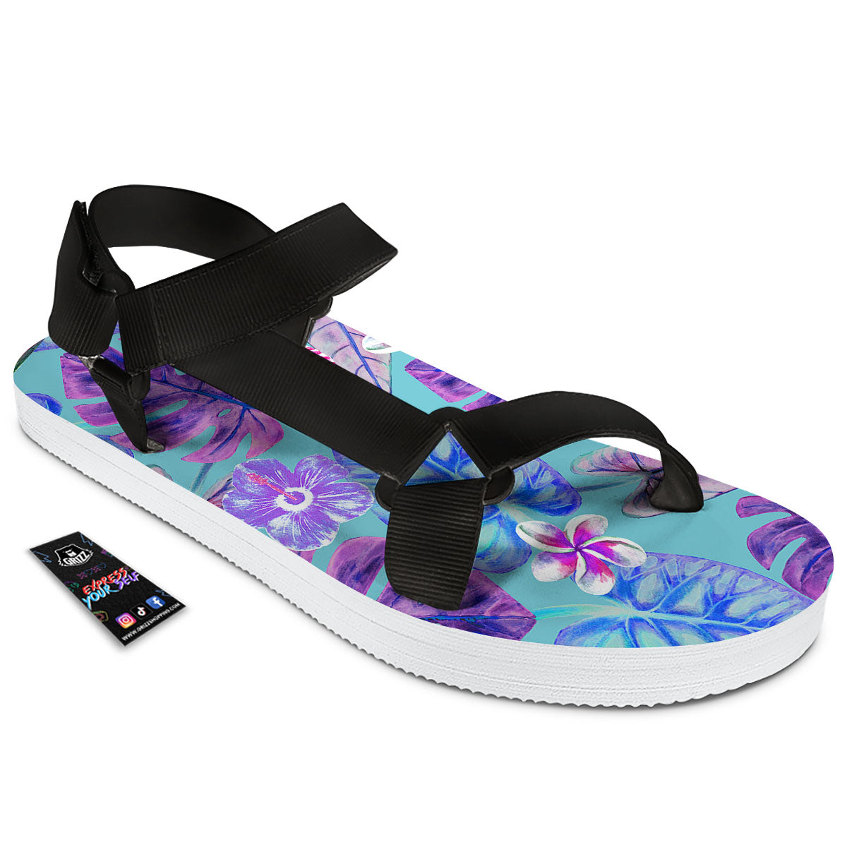 Tropical Leaf Teal And Purple Print Black Open Toe Sandals-grizzshop