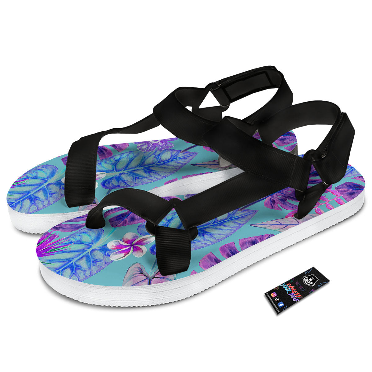 Tropical Leaf Teal And Purple Print Black Open Toe Sandals-grizzshop