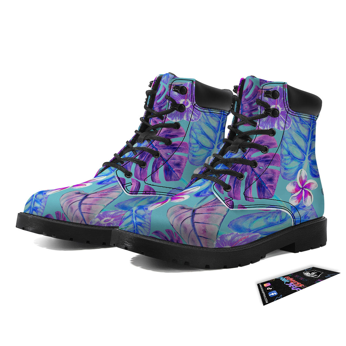 Tropical Leaf Teal And Purple Print Boots-grizzshop
