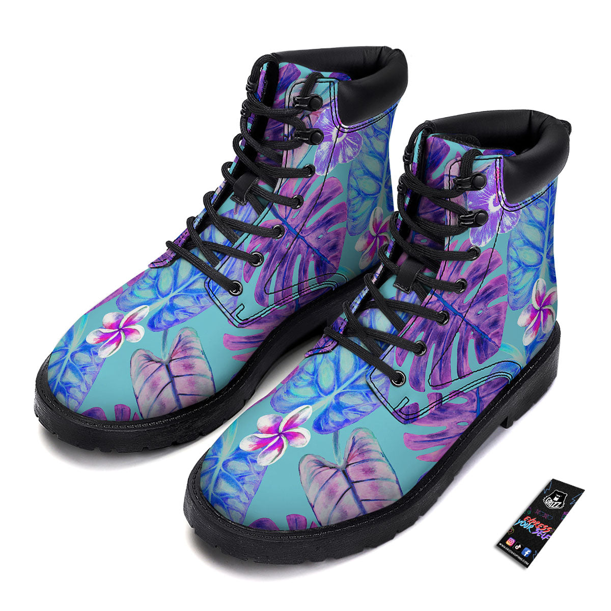 Tropical Leaf Teal And Purple Print Boots-grizzshop