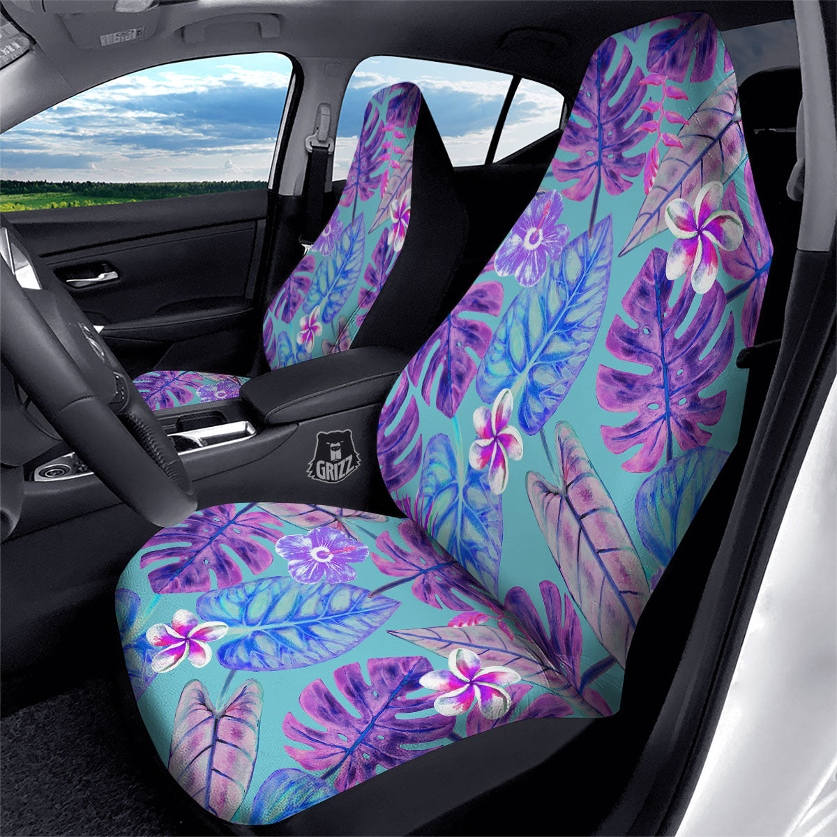 Tropical Leaf Teal And Purple Print Car Seat Covers-grizzshop