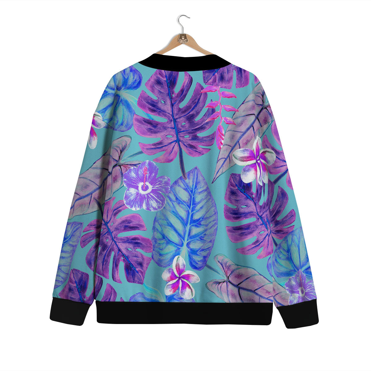 Tropical Leaf Teal And Purple Print Cardigan-grizzshop