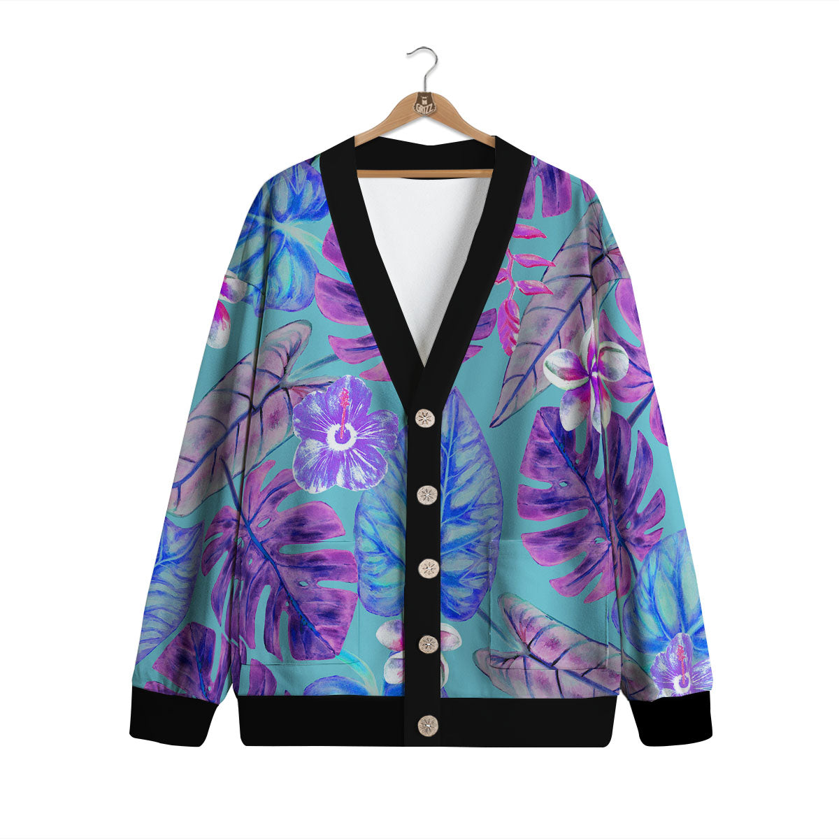 Tropical Leaf Teal And Purple Print Cardigan-grizzshop