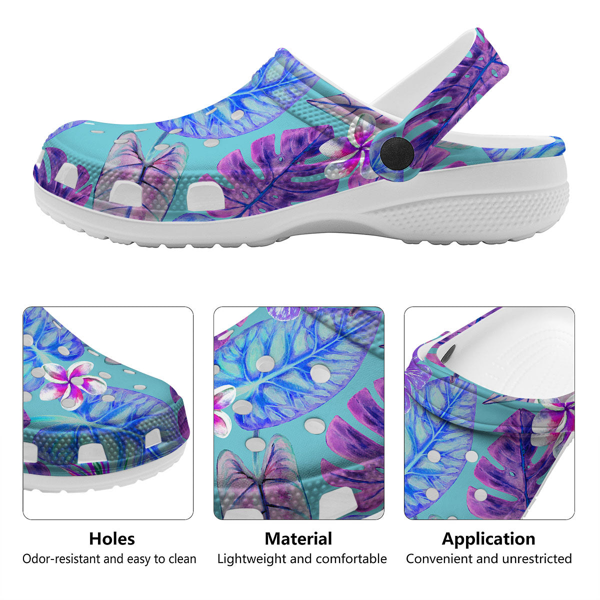 Tropical Leaf Teal And Purple Print Clog-grizzshop