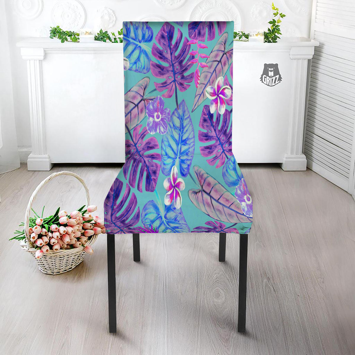 Tropical Leaf Teal And Purple Print Dining Chair Slipcover-grizzshop