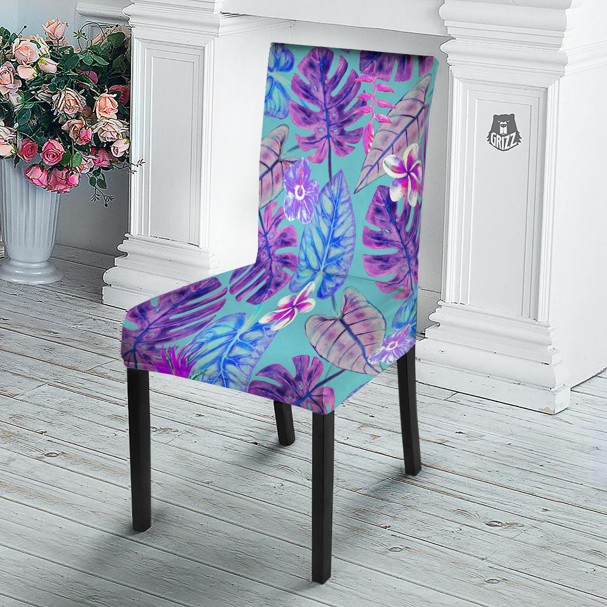 Tropical Leaf Teal And Purple Print Dining Chair Slipcover-grizzshop