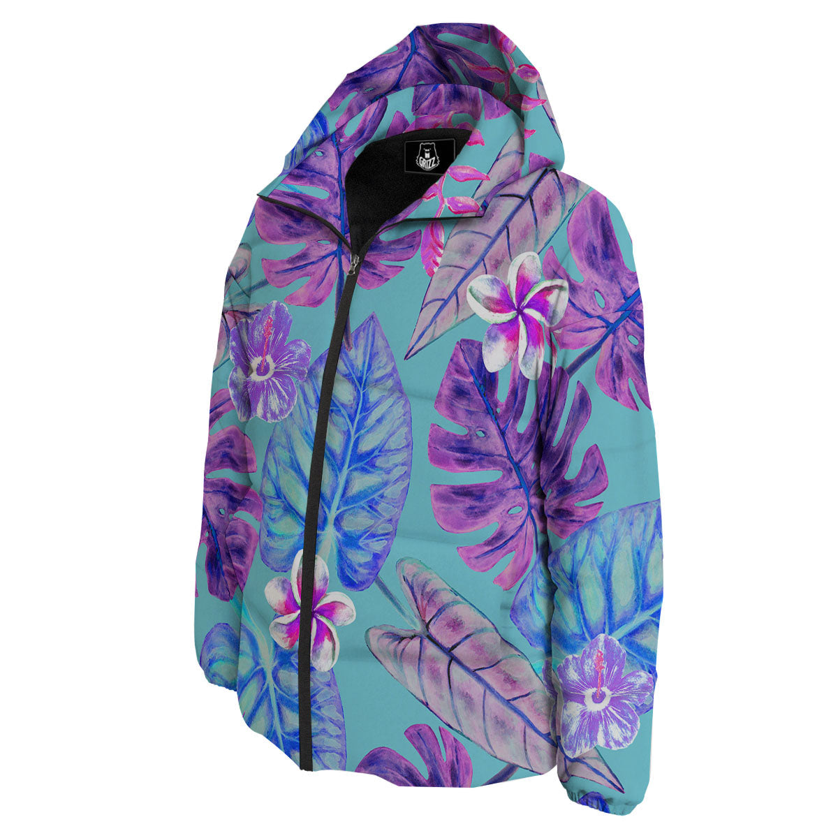 Tropical Leaf Teal And Purple Print Down Jacket-grizzshop