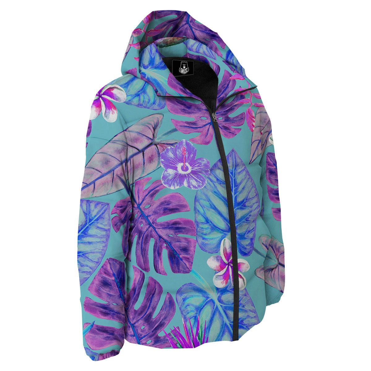 Tropical Leaf Teal And Purple Print Down Jacket-grizzshop