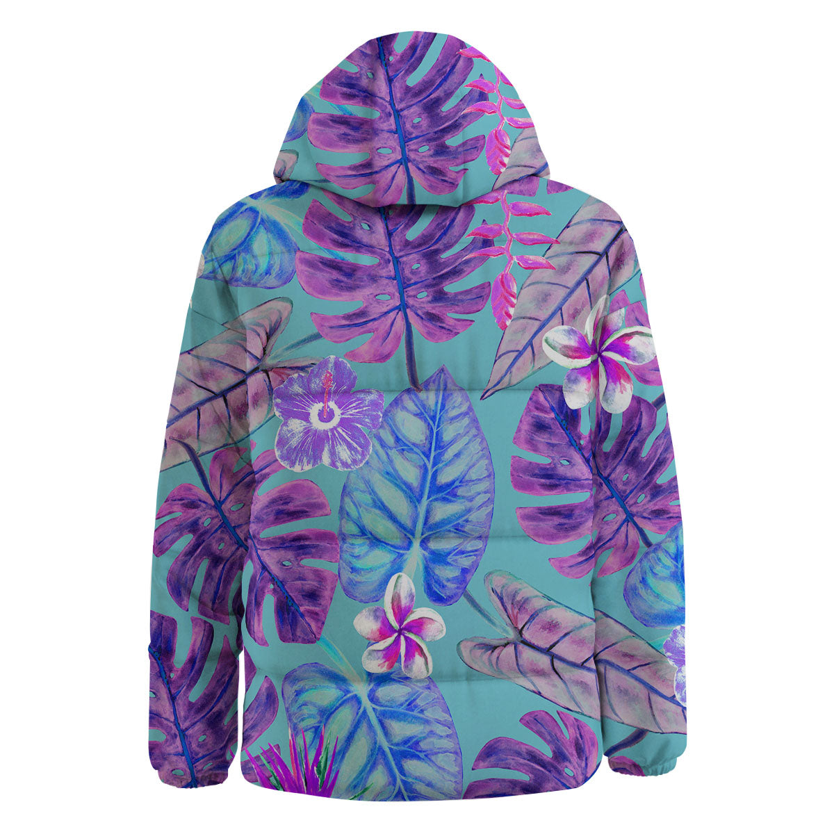 Tropical Leaf Teal And Purple Print Down Jacket-grizzshop