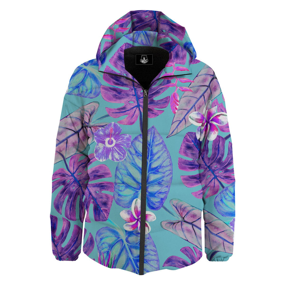 Tropical Leaf Teal And Purple Print Down Jacket-grizzshop