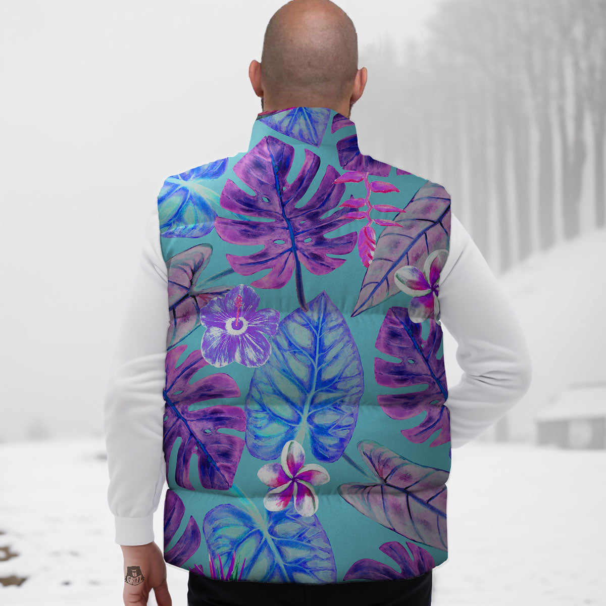 Tropical Leaf Teal And Purple Print Down Vest