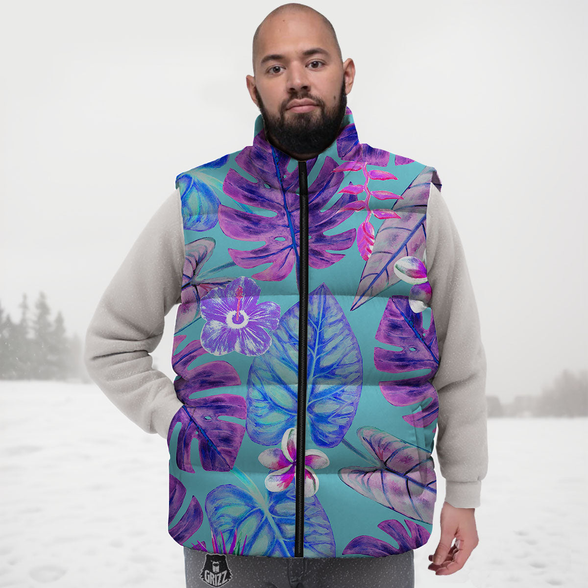 Tropical Leaf Teal And Purple Print Down Vest