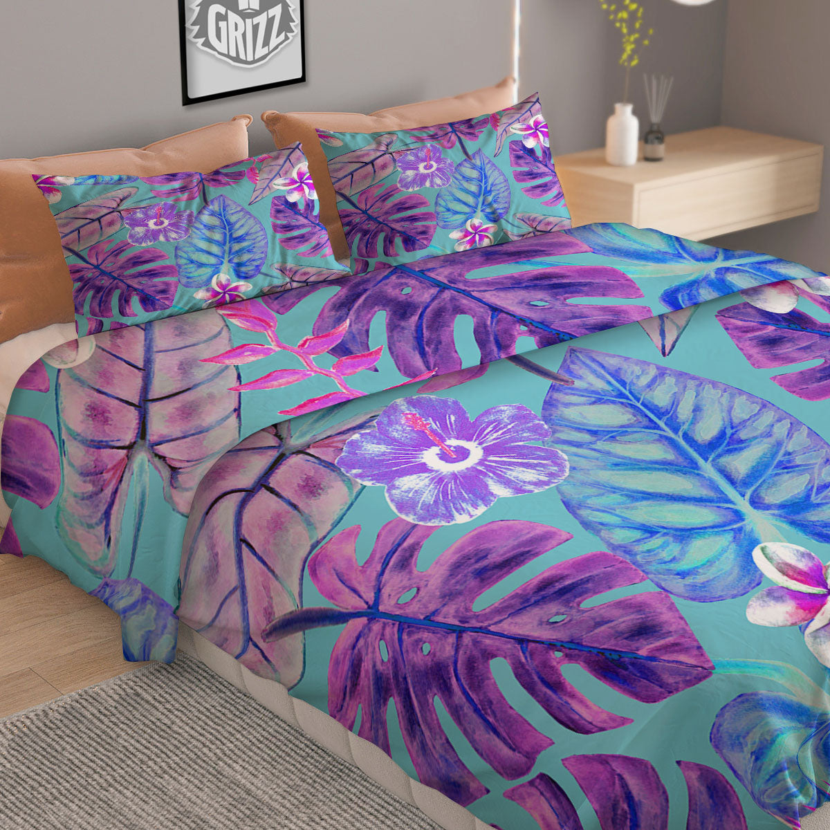 Tropical Leaf Teal And Purple Print Duvet Cover Bedding Set