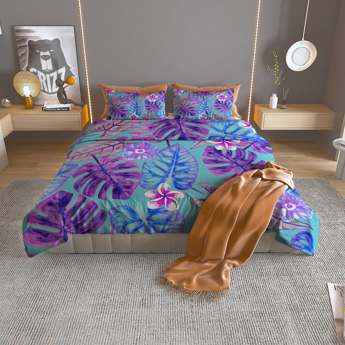 Tropical Leaf Teal And Purple Print Duvet Cover Bedding Set