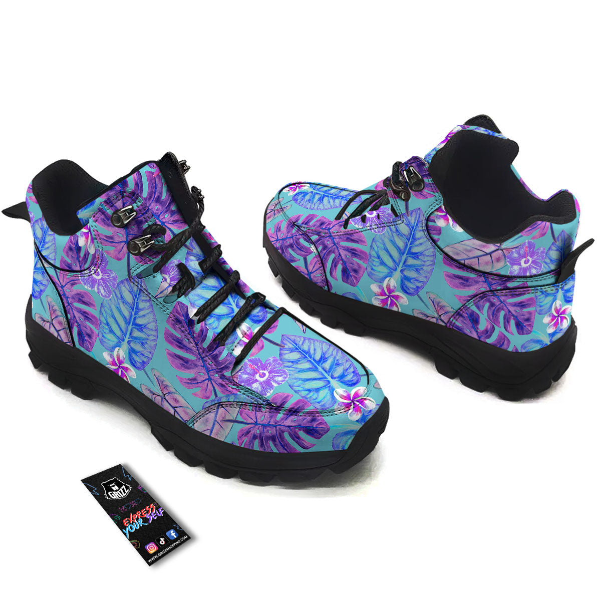 Tropical Leaf Teal And Purple Print Hiking Shoes-grizzshop