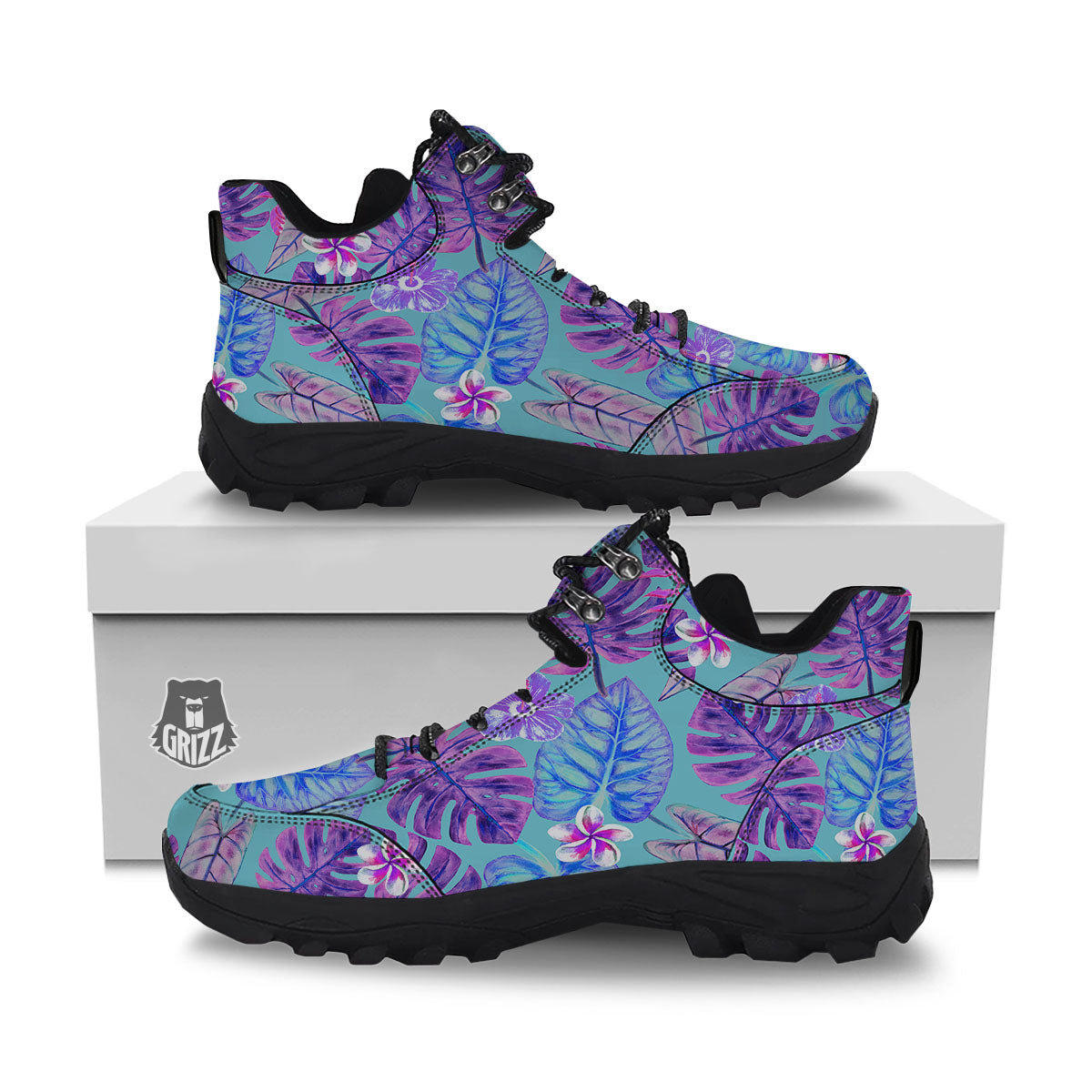 Tropical Leaf Teal And Purple Print Hiking Shoes-grizzshop