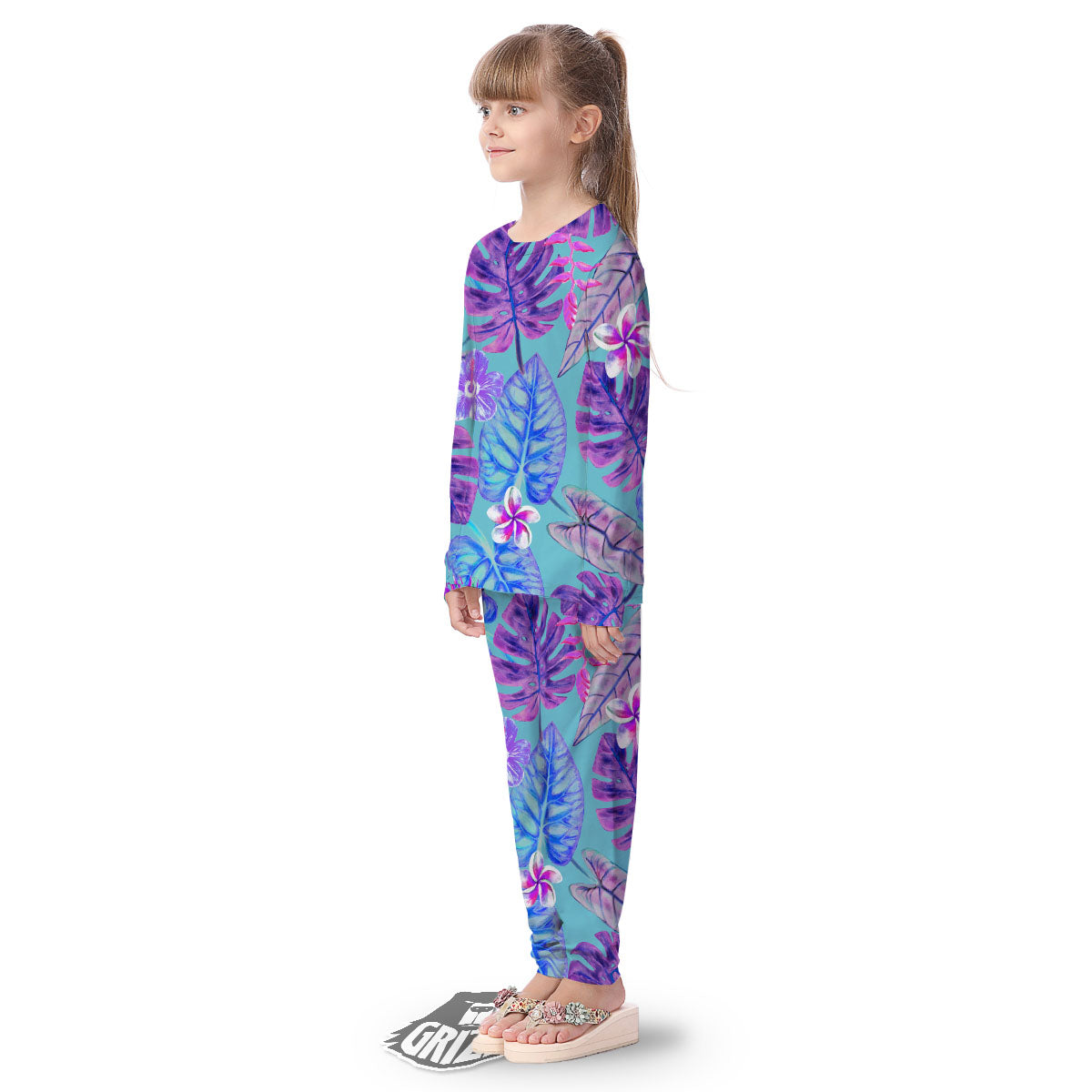 Tropical Leaf Teal And Purple Print Kid's Pajamas-grizzshop