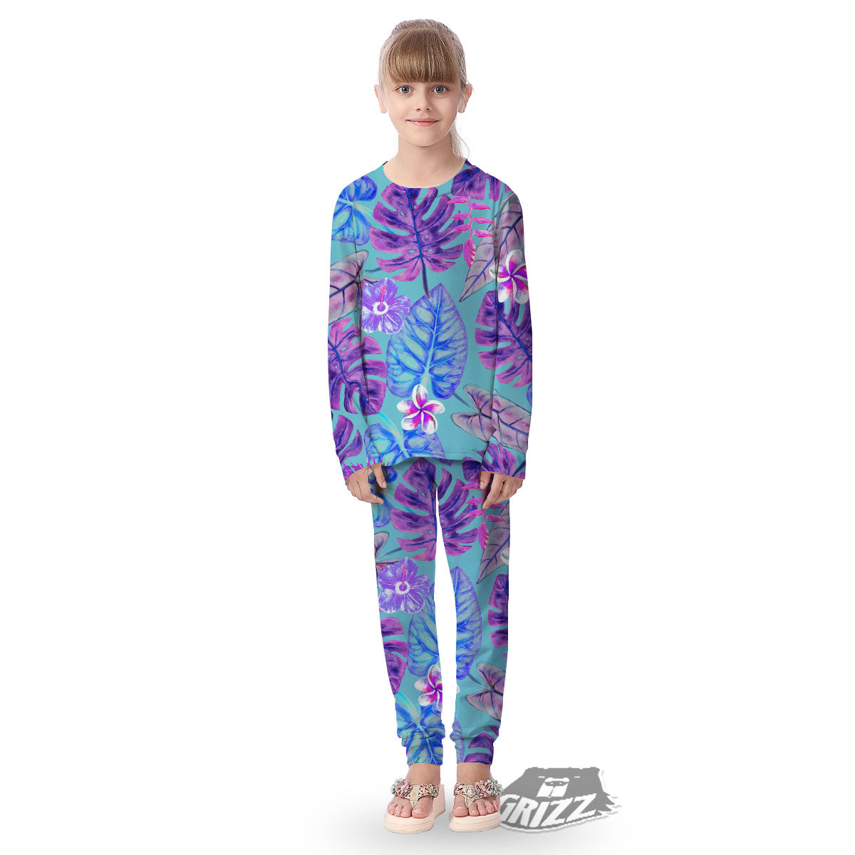 Tropical Leaf Teal And Purple Print Kid's Pajamas-grizzshop