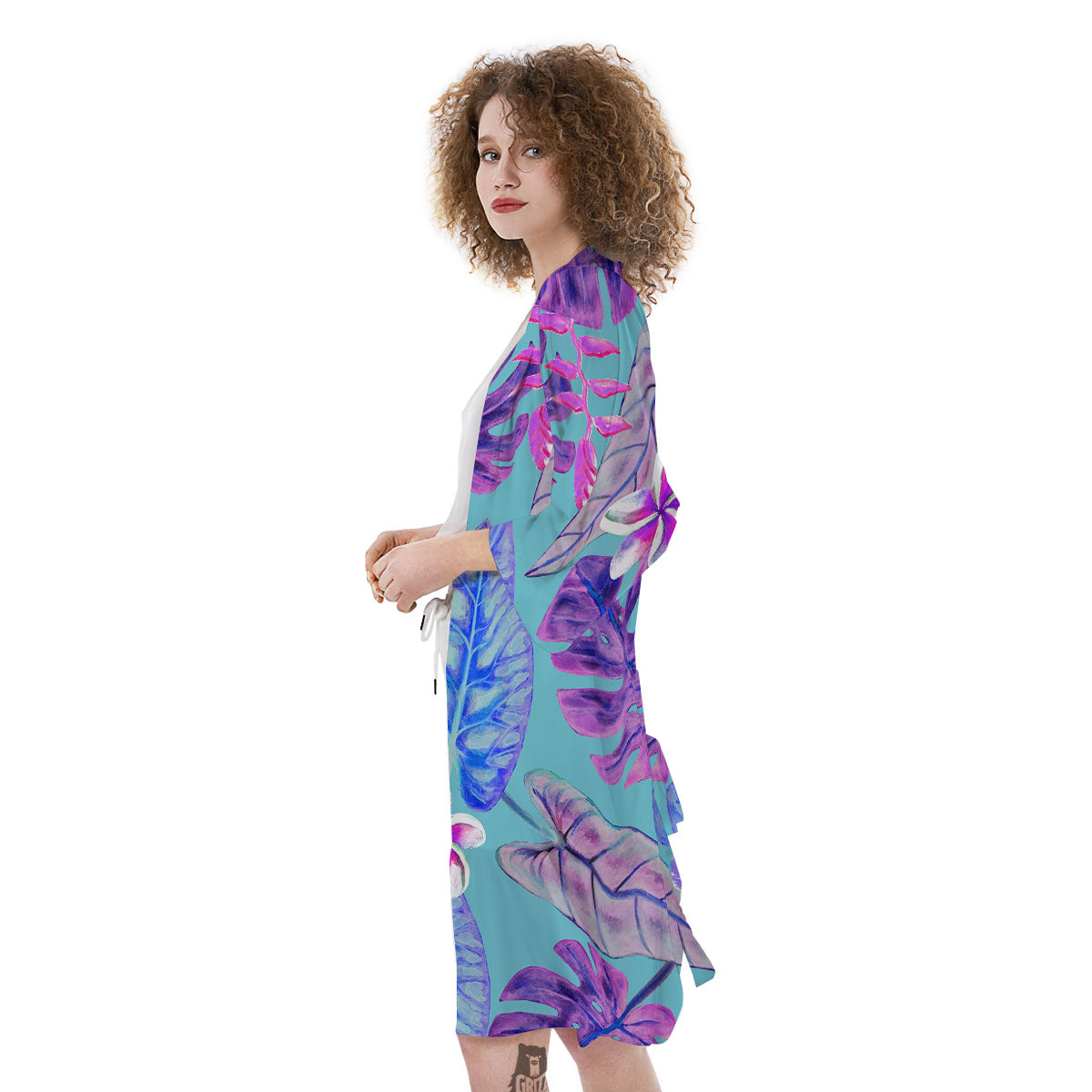 Tropical Leaf Teal And Purple Print Kimono-grizzshop