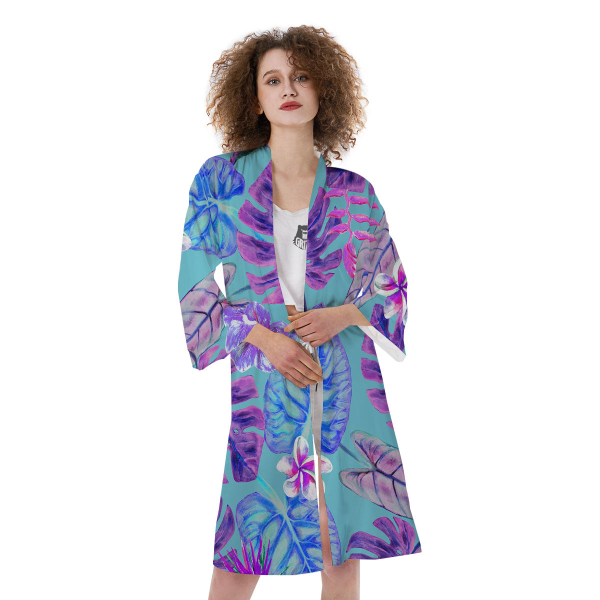 Tropical Leaf Teal And Purple Print Kimono-grizzshop